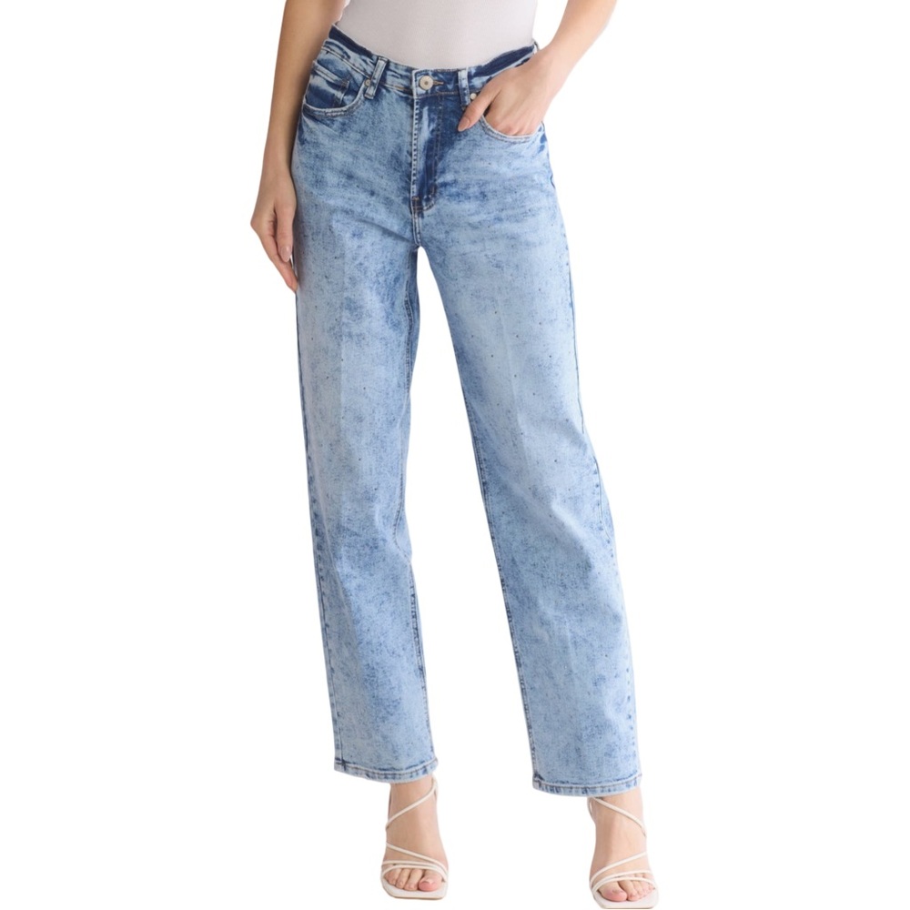 NWT Flying Angel Women Rhinestone Bling‎ Straight Leg Acid Wash Jeans Size 28